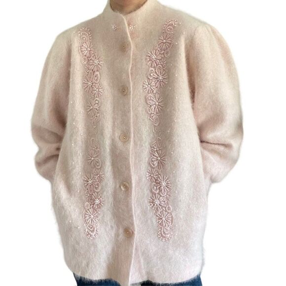 Vintage 80s Womens Ballerina Pink Angora Fluffy Soft Cardigan